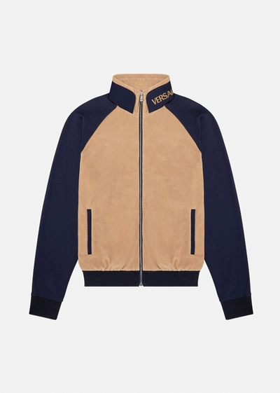Versace Logo Corduroy Sweatshirt, Male, Navy+beige, 3xl In 2u850 Navy+beige