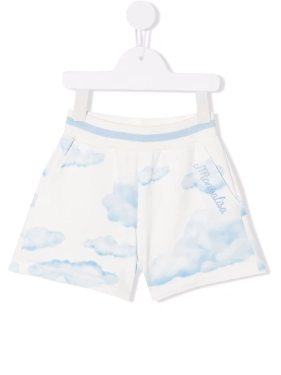 Monnalisa Cloud Print Cotton Sweat Shorts In Cream White + Sky Blue