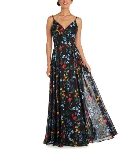 Nightway Floral-print Gown In Black Multi
