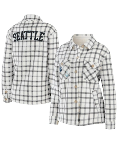 Wear By Erin Andrews Women's Oatmeal Seattle Kraken Plaid Button-up Shirt Jacket