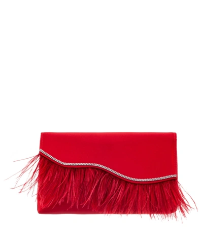 Nina Kaidy Feather Trim Satin Clutch In Red Rouge