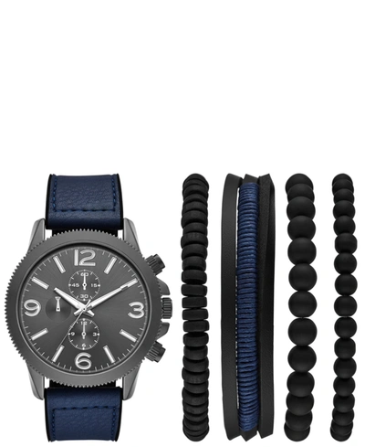 Folio Men's Blue Leather Gunmetal Watch Gift Set, 48mm