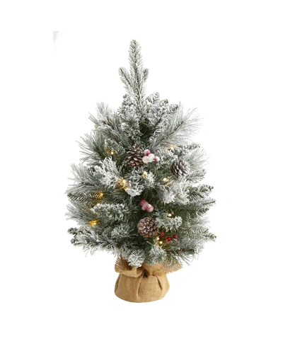 Nearly Natural Flocked Artificial Christmas Tree With 30 Clear Lights, 73 Bendable Branches, Pine Cones And Berries In Green