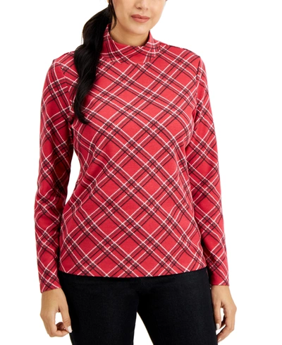 Karen Scott Petite Houndstooth Plaid Mock-neck Top, Created For Macy's In New Red Amore