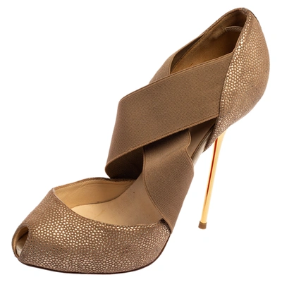 Pre-owned Christian Louboutin Beige Textured Leather Dorcet Peep Toe Pumps Size 38.5