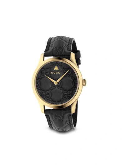 Gucci Ya126581a G-timeless Pvd-plated Yellow-gold And Leather Quartz Watch In Black