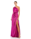Ieena For Mac Duggal Gathered One Shoulder Satin Faux Wrap Gown In Berry