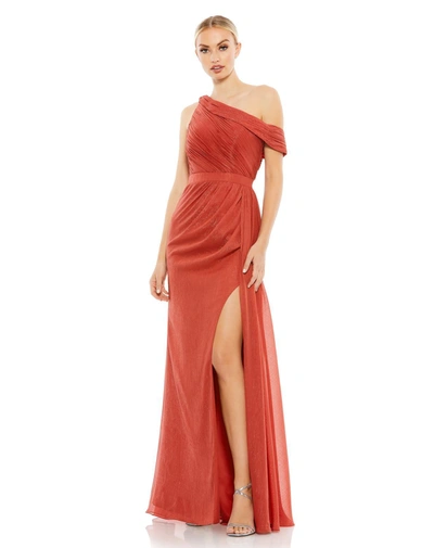 Ieena For Mac Duggal One-shoulder Draped Gown W/ Thigh-slit In Pink