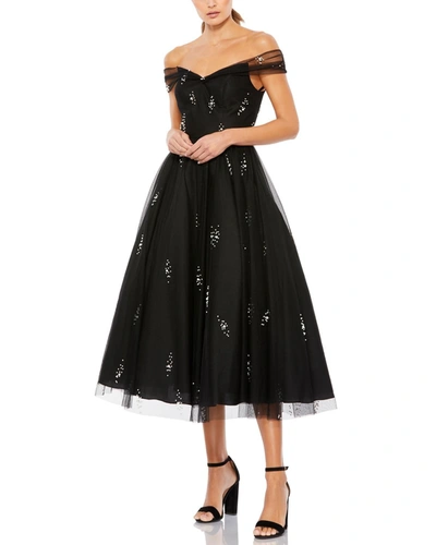 Ieena For Mac Duggal Pearl Bead Off-the-shoulder Midi Dress In Black