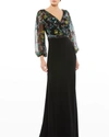 MAC DUGGAL FLORAL-EMBROIDERED PUFF-SLEEVE COLUMN GOWN