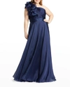 Mac Duggal Plus Size Chiffon Ruffle One-shoulder Gown In Midnight