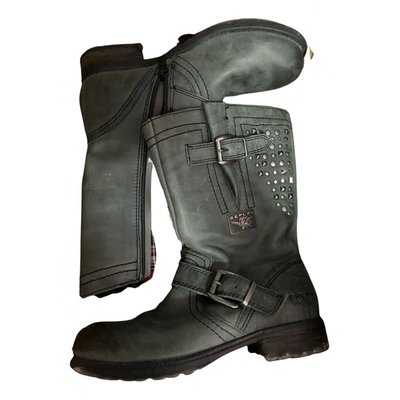 Pre-owned Replay Leather Biker Boots In Grey