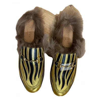 Pre-owned Gucci Princetown Faux Fur Sandals In Gold