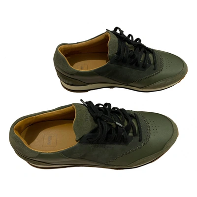 Pre-owned Hugo Boss Leather Low Trainers In Khaki
