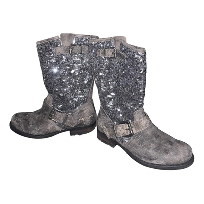 Pre-owned Replay Glitter Biker Boots In Anthracite