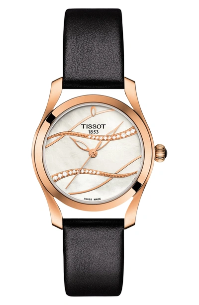 Tissot T-wave Leather Strap Watch, 30mm In Black/ White Mop/ Rose Gold