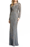 Mac Duggal Bugle Beaded Long-sleeve Column Gown In Platinum