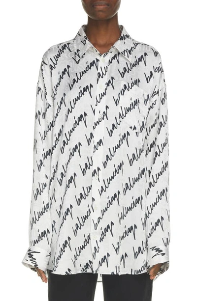 Balenciaga Logo Script-print Oversized Silk Blouse In White,black