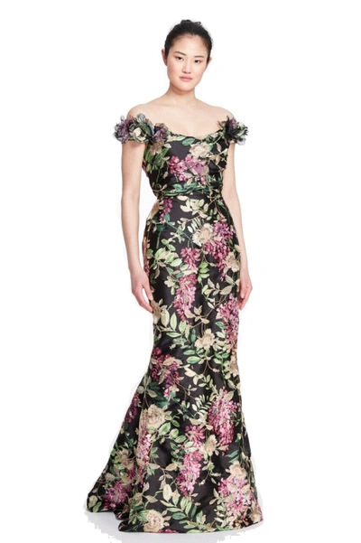 Marchesa Off  Shoulder Floral  Gown In Multicolor