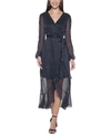 Kensie Long Sleeve Shimmer Knit Midi Dress In Blue/black