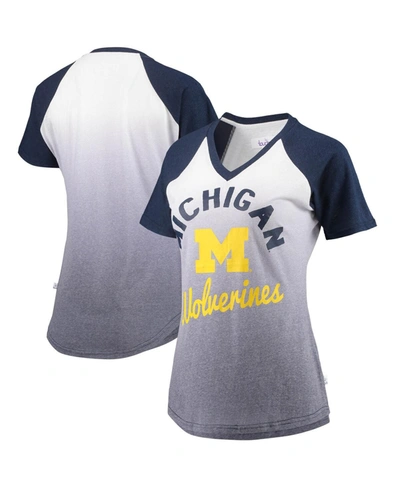 Touché Women's White And Navy Michigan Wolverines Shortstop Ombre Raglan Tri-blend V-neck T-shirt In White/navy