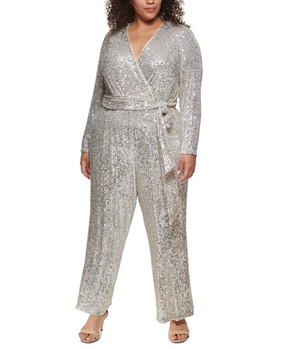 Eliza J Plus Size Sequin Wrap Jumpsuit In Silver