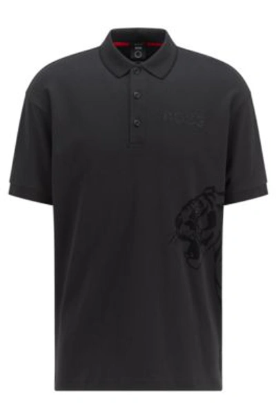 Hugo Boss Relaxed-fit Polo Shirt With Flock-print Tiger Artwork- Black Men's Polo Shirts Size S In Black