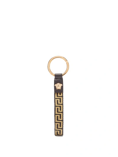 Versace Greca-jacquard Leather Keyring In Black