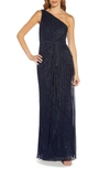 Adrianna Papell Petite One Shoulder Metallic Pleated Knit Gown In Midnight