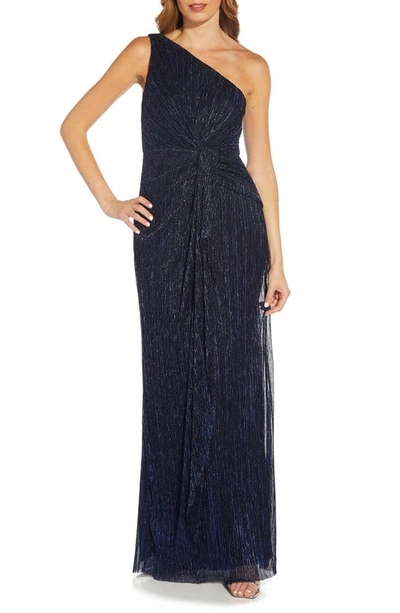 Adrianna Papell Petite One Shoulder Metallic Pleated Knit Gown In Navy Night