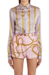 VERSACE VERSACE GRECA CHAIN PRINT STRETCH SILK BLOUSE