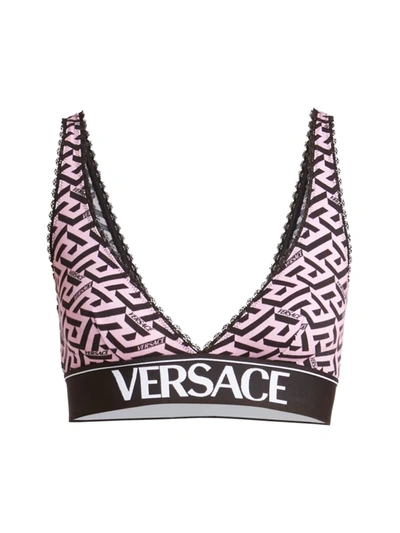 Versace Lace-trimmed Printed Stretch-cotton Jersey Soft-cup Bra In Pink