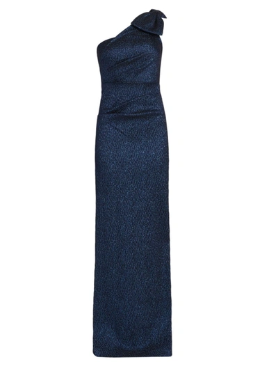 Teri Jon By Rickie Freeman Shimmering One-shoulder Gown In Navy Sapphire