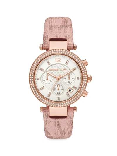 Michael Kors Parker Rose Goldtone, Pavé & Pvc Logo-print Strap Chronograph Watch In Pink