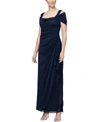 Alex Evenings Cold-shoulder Draped Metallic Gown Regular & Petite Sizes In Navy Blue