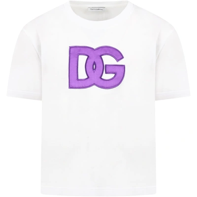 Dolce & Gabbana Kids' White T-shirt For Girl With Purple Logo In (bianco Ottico)