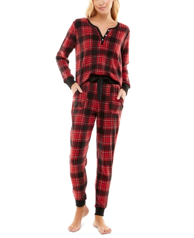 Jaclyn Intimates Printed Faux Henley Top & Jogger Pants Set In Glance Plaid Black/crimson