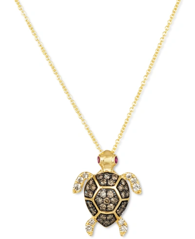 Le Vian Diamond (3/8 Ct. T.w.) & Passion Ruby (1/20 Ct. T.w.) Turtle Pendant Necklace In 14k Gold, 18" + 2" In Yellow Gold