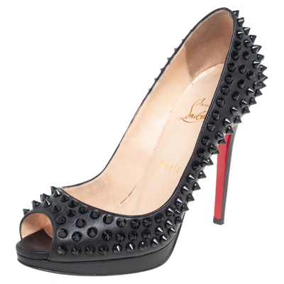 Pre-owned Christian Louboutin Black Leather Yolanda Spikes Peep Toe Pumps Size 37.5