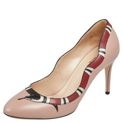 Pre-owned Gucci Beige/red Leather Yoko Snake Pumps Size 37