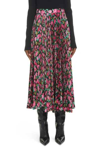 Balenciaga Women's Pleated Floral Satin Raw-hem Maxi Skirt