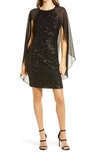 Vince Camuto Sequin Long Cape Sleeve Sheath Cocktail Dress In Black