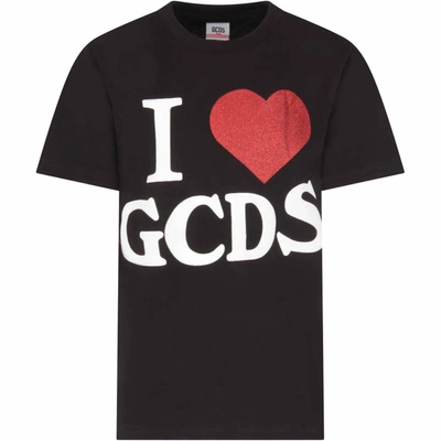Gcds Kids' Black T-shirt For Girl With Logo In Nero