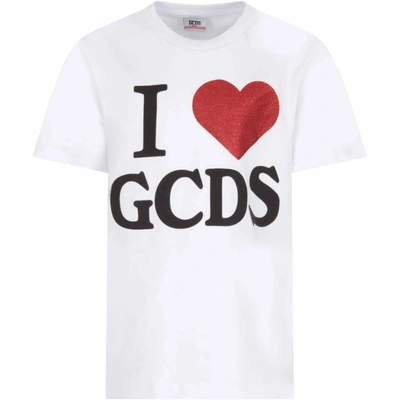 Gcds Kids' White T-shirt For Girl With Logo In Bianco