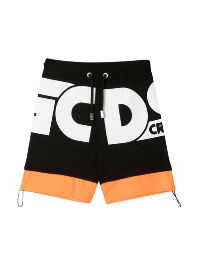 Gcds Mini Black Short For Kids With Logo In Nero/arancione