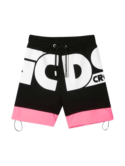 Gcds Mini Kids' Black Sports Shorts In Nero/fucsia