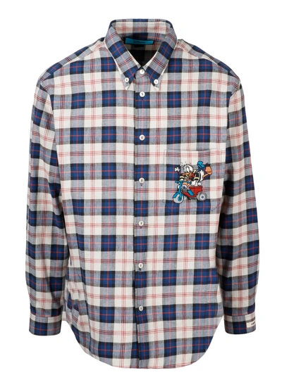 Gucci Mens Beige Blue Red Mix X Disney Donald Duck Checked Cotton And Linen-blend Shirt 36 In Neutrals
