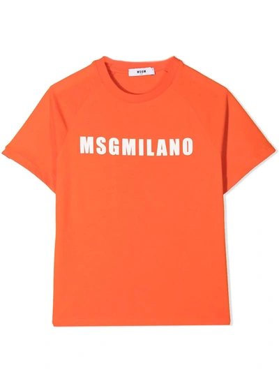 Msgm Kids' Logo Print Cotton T-shirt In Arancione