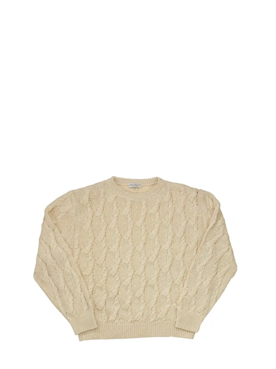 Brunello Cucinelli Kids' Lace-effect Cables Sweater In Linen And Silk Diamond Yarn In Oat