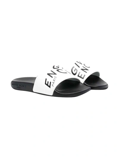 Givenchy Kids' White And Black Slippers With Logo In Bianco